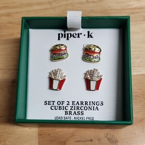 Burger & Fries Stud Earring Set -2 Pair Red, Green, Purple, Gold